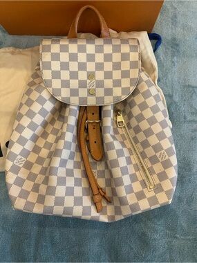 Louis Vuitton Damier Azur Check Canvas Backpack with Tan Leather Trim